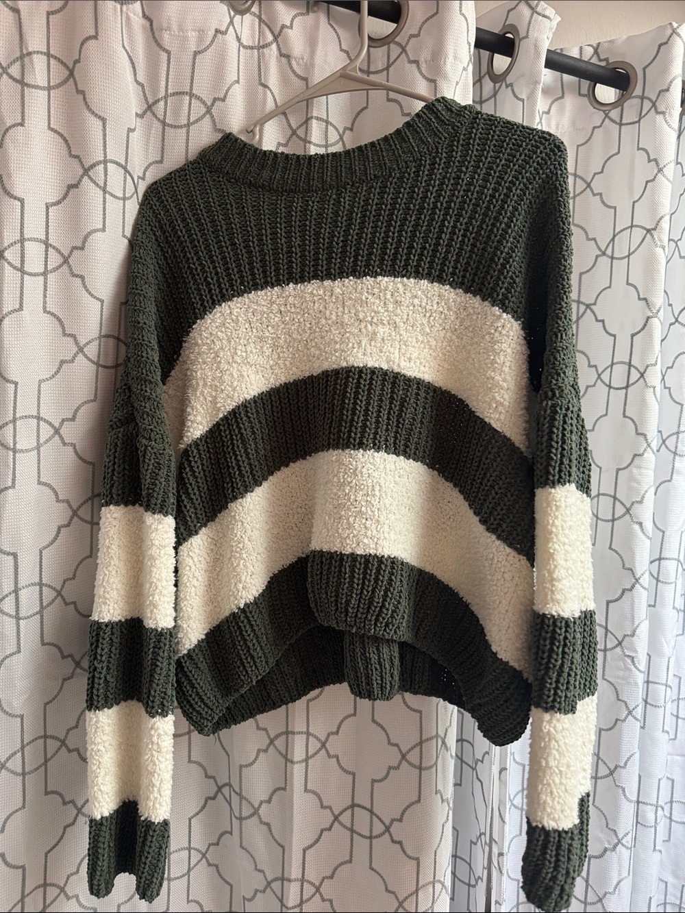 Francesca’s Cozy Striped Crewneck Sweater - Olive Green & Cream